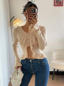 Chiquease New Autumn/Spring Ruffle Trim Single-Breasted Flared Sleeve Fitted Women Cardigan, Sexy European American Style - Khaki - View 4