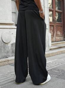 Manfinity Roghcode 男士小众设计多片拼接假两件式宽松日系深色超大阔腿裤男友礼物纯色长款超大纯黑色裤子送给老公 - 黑色 - 查看 6