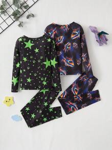 2 件装男童夜光鲸鱼恐龙星星印花紧身长袖上衣和长裤睡衣套装（2 套单独出售） - 彩色 - 查看 2