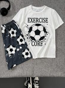 SHEIN Leap Crew 2Pcs Tween Boys Minimalist Football Graphic Round Neck Short Sleeve Shorts Casual Pajama Set, Flame Retardant - Black and White - View 1