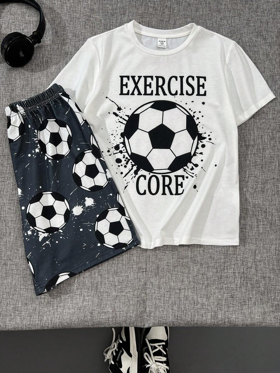 SHEIN Leap Crew 2Pcs Tween Boys Minimalist Football Graphic Round Neck Short Sleeve Shorts Casual Pajama Set, Flame Retardant - Black and White - View 1
