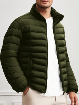Manfinity Basics Men's Woven Slim-Fit Casual Stand Collar Winter Coat, Thickened For Winter