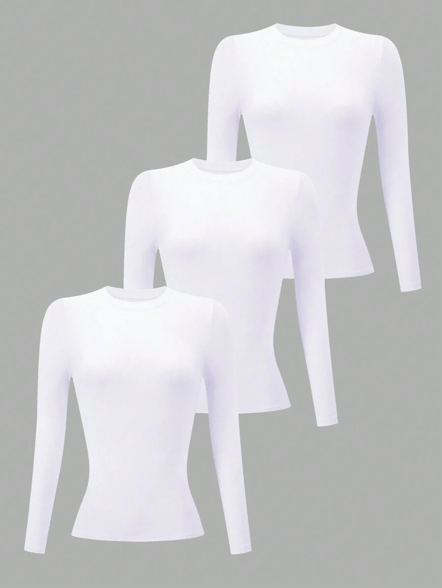 INAWLY Bộ 3 Áo thun nữ cổ tròn tay dài màu trắng ôm vừa vặn - trắng - Xem 1