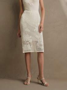 Anewsta 高端法式刺绣镂空修身半身裙高腰针织裙春夏情人节度假 - 米色 - 查看 4