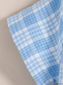 SHEIN Baby Boys Summer New Fashion Simple Plaid Lapel Short Sleeve Shirt With Open Front Placket, Casual Grey Shorts 2 Pieces Outfit, Gentleman Style Handsome Everyday Versatile Set - Blue - View 3