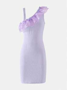 SHEIN Girls' Chic Street Style Asymmetric Sleeveless Mesh Ruffle Trim Solid Color Mini Snug Fit Party Club Dress - Purple - View 1