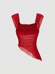 SHEIN MOD 女式红色两件套：不对称下摆修身上衣和泡泡细节低腰短裤，度假、生日、海滩、热带、派对、可爱、夏季、早午餐、春假、休闲、女式两件套 - 酒紅色 - 查看 6