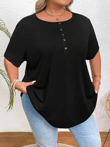 SHEIN CURVE+ Women's Plus Size Round Neck Button Detail T-Shirt - Black - View 3