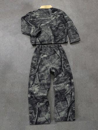 Manfinity Roghcode Men's Young Street Style INS Bionic Camouflage Digital Print Lapel Zipper Jacket & Pants Set ,Camo Cargo Set ,Men Two Pieces Outfits, Fall Clothes