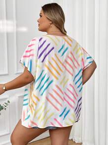 SHEIN CURVE+ Women Plus Size Casual Loose Striped Print Round Neck Blouse, Suitable For Summer Vacation