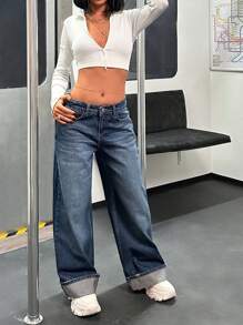 EURMUSE WOMEN LOW WAIST WIDELEG CASUAL STREET WEAR FOLD UP DETAIL - Dark Wash - View 4