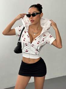 Flirla Cherry Print Casual Short Sleeve Hoodie, Minimalist Fashion For Everyday Wear