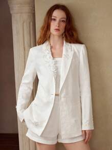 MOTF PREMIUM 100% LINEN APPLIQUES STRUCTURED BLAZER, SUMMER WHITE BLAZER - White - View 2