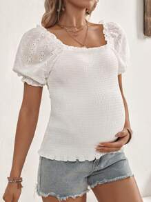 SHEIN Comfortable Eyelet Embroidered Puff Sleeve Sealed Maternity Top