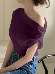 DAZY Women's Solid Color Asymmetric Neck Pleated Casual T-Shirt,Crop Tops Women - Red Violet - View 4