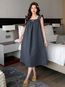 DAZY Camisón de mujer con volantes en las mangas, decorado con lazo de contraste de color dulce, estilo A-line sin mangas, pijama Moo Moo - Azul Marino - Ver 5