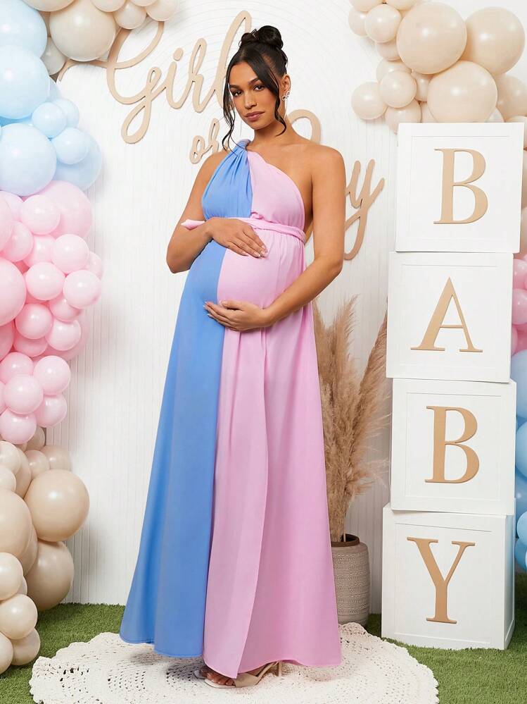 Loomaby Pregnant Women Two-Tone DIY Convertible Maternity Dress, Gender  Reveal Dress For Baby Shower Party | SHEIN USA