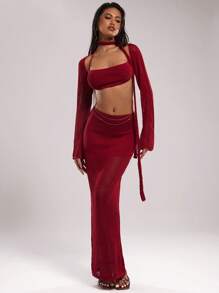 SHEIN BAE Women Burgundy Red Hollow Out Long Sleeve Cropped Vest And Halter Neck Knit Top 2 Pieces Set,Autumn Chic Club Night Vacation Beach Outfits - Red - View 5