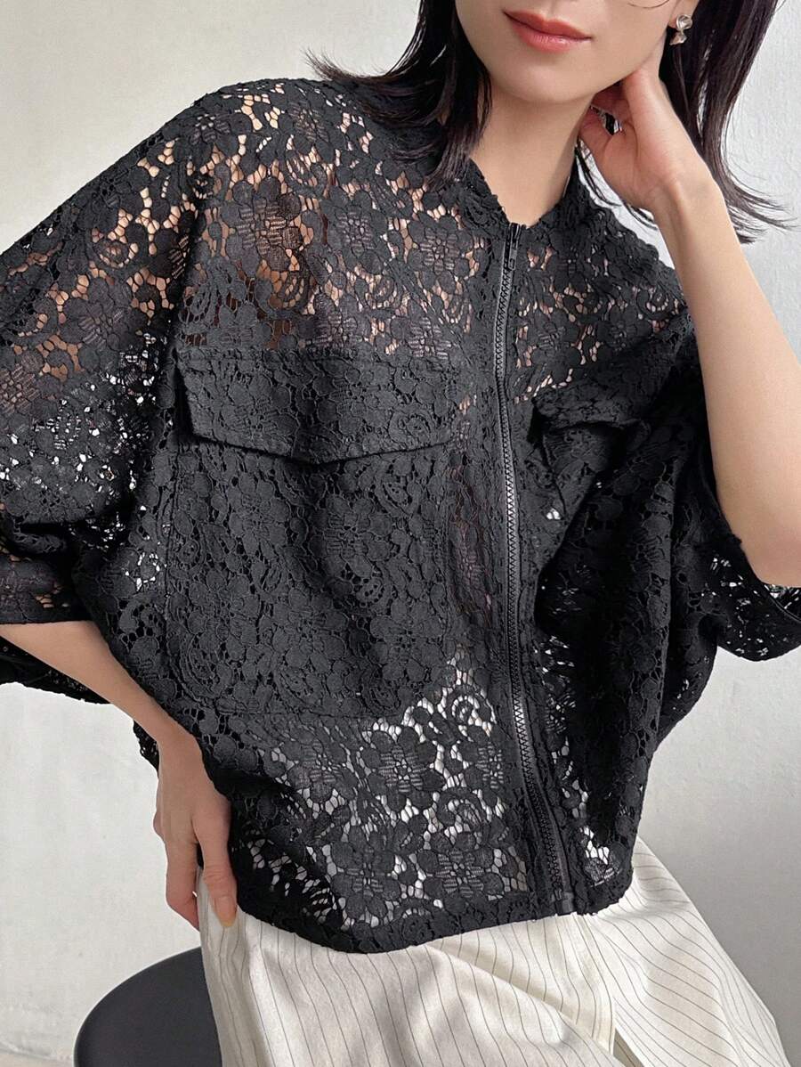 FRIFUL 女士蕾丝镂空休闲西装外套，简约时尚，适合日常商务穿着 - 黑色 - 查看 1