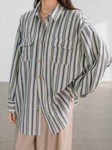 Dazy-Less 女士商务休闲宽松格子长袖衬衫，秋季女装 - 白色 - 查看 4