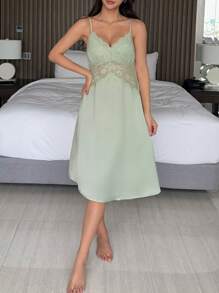 DAZY Semi-Sheer Lace Patchwork Satin Camisole Nightgown, Pajama - Green - View 5