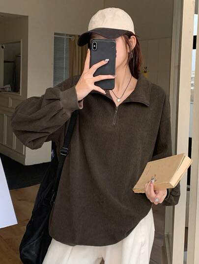 DAZY Women's Solid Color Long Sleeve Zip-Up Half Placket Casual Hoodie,Fall Clothes