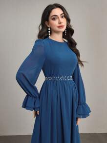 Graceveil French Style Puff Sleeve Beaded Waist Slim Fit Dress,Modest