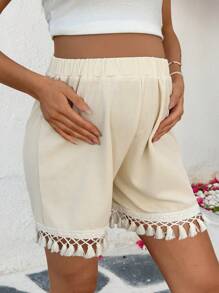 SHEIN Solid Color High Waist Tassel Trim Maternity Shorts - Beige - View 3