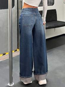 EURMUSE WOMEN LOW WAIST WIDELEG CASUAL STREET WEAR FOLD UP DETAIL - Dark Wash - View 2