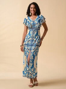 Travachic Women's Floral Print Ruffle Hem Slit Dress,Vacation Outfits Woman,Sundresses For Vacation,Beach Vacation Outfits,Tropical Vacation Woman Clothes,Summer Outfits For Women,Sundress, - Blue - View 2