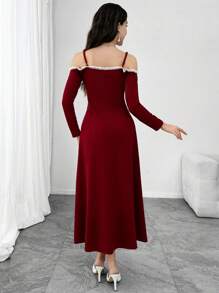 Modelyn Women's Korean Style Charming V-Neck Camisole Dress With Floral Lace Trim, Fitted And Slimming, Long Length - Burgundy - View 6