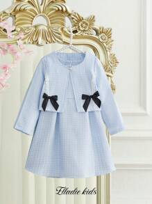 SHEIN Young Girl Front Button Long Sleeve Bow Decor Simple Jacket And Dress Set - Blue - View 10
