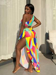 SHEIN Slayr Set de 3 piezas Traje de baño y vestido casual de fiesta de playa con hombro descubierto, estampado geométrico y de camuflaje, para primavera/verano para mujeres