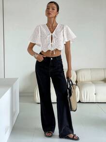 SHEIN Essnce Women's Holiday Floral Embroidery Front Tie Ruffle Short Sleeve Shirt - White - View 5