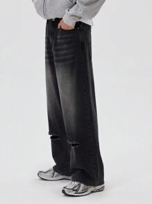 Musero Distressed Baggy Extreme Washed Denim Trouser Bottoms Detailing Below Knee Rip Slits Jeans SPRING SUMMER Essentials - Black - View 5