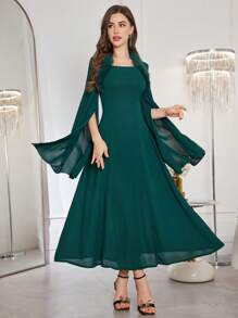 Modelyn Damen Kunstfell Splice Offene Ärmel Langes Kleid, Elegant