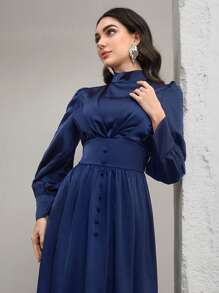 Modelyn Women's Round Neck Ruched Lantern Sleeve 2 In 1 Decorative Button A-Line Dress, Elegant - Blue - View 1