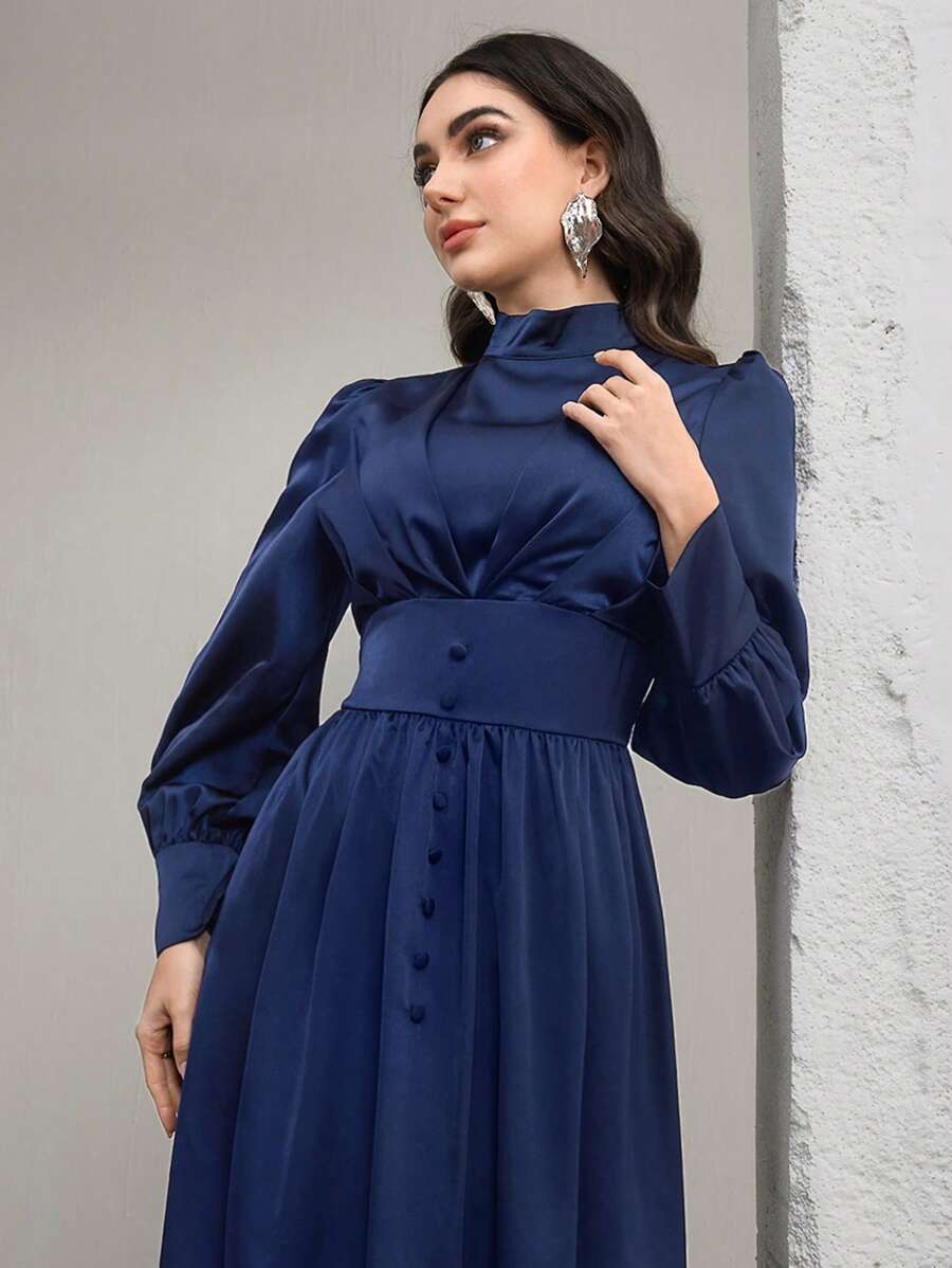 Modelyn Women's Round Neck Ruched Lantern Sleeve 2 In 1 Decorative Button A-Line Dress, Elegant - Blue - View 1