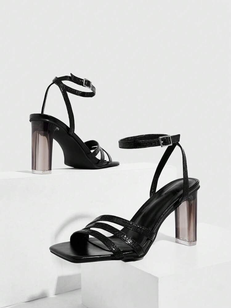 CUCCOO SZL Women's Black Stripe Transparent Heel High Heels Sandals Spring Break Easter Prom Heels