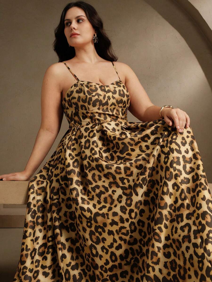 Anewsta Plus Size Women's European & American Style Sexy Spaghetti Strap Leopard Print Backless Dress, Summer Outfits For Women - Multicolor - View 1