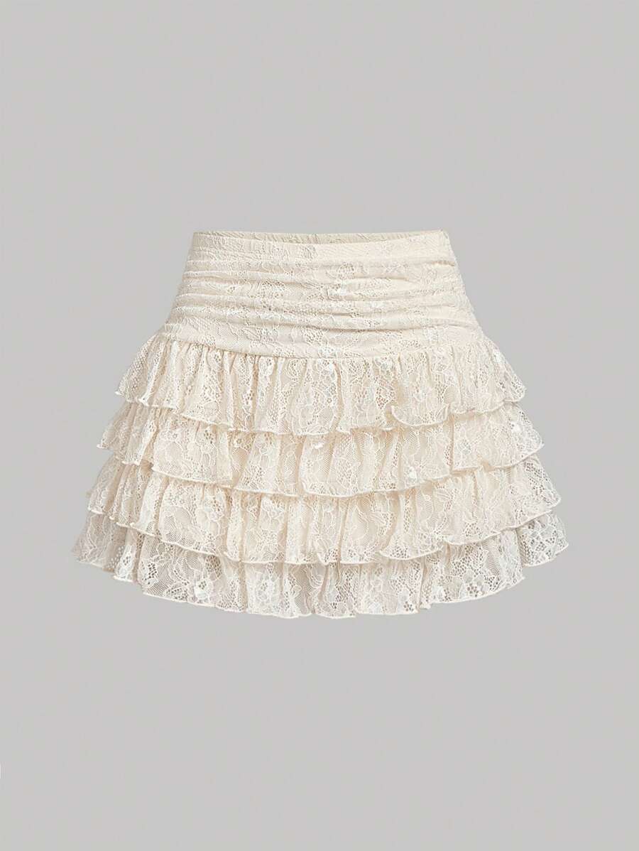 SHEIN MOD 女士杏色蕾丝荷叶边下摆迷你裙、情人节、女士度假装、女士俱乐部装性感 - 杏色 - 查看 1