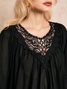 Poéselle 女士撞色蕾丝宽松长袖优雅衬衫，波西米亚风长袖蕾丝领衬衫，春季，波西米亚风，西部风，纳什维尔风，音乐会服装 - 黑色 - 查看 6