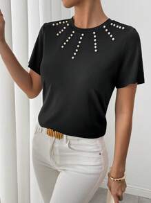 SHEIN 女士黑白泡泡珠装饰圆领短袖上衣 - 黑色 - 查看 3