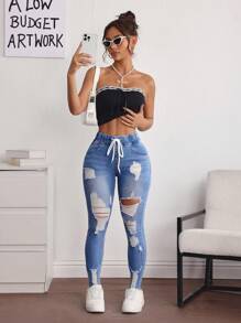 SHEIN Essnce Washed Ripped Slim Fit Casual Denim Jeans - Blue - View 5