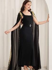 SHEIN 少女黑色方领斗篷袖美人鱼礼服，传统、奢华、优雅、复古 - 黑色 - 查看 1