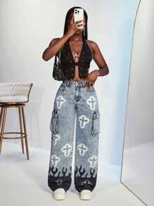 Slaydiva Damen Lässig Cargo Jeans mit gewaschenem Kontrast Kreuz- und Flammen-Muster - Blau - Übersicht 7
