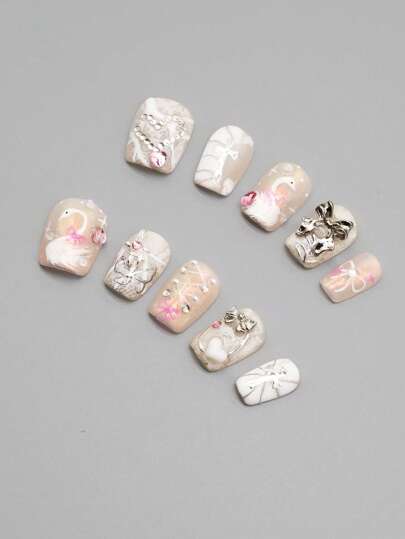Kawaii 10pcs Cute Bowknot Elegant Handmade Press-On Nails+3 Sheets Double-Sided Adhesive, Removable Y2K Hand-Painted Swan Cross Nail Stickers, High-Quality Mixed Color Manicure, Suitable For Holidays, Parties, Dancing And Daily Wear