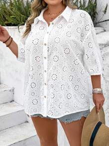 SHEIN CURVE+ Plus Eyelet Embroidery Drop Shoulder Shirt Boho Vacation - White - View 7