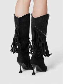 ROMWE Grunge Punk Women's Fringe Pointed Toe Western Boots, High Heel Fashion Mid-Calf Cowboy Boots - Black - View 3