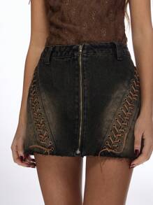 MISSGUIDED Lace-Up Side Detail Distressed Denim Mini Skirt Edgy Festival Boho Summer Streetwear Raw Hem Zip Front Bodycon Fit - Rust Brown - View 3